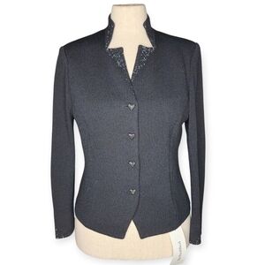 St. John Evening Black Santana Knit Jacket Rhinestone Heart Buttons Black 10